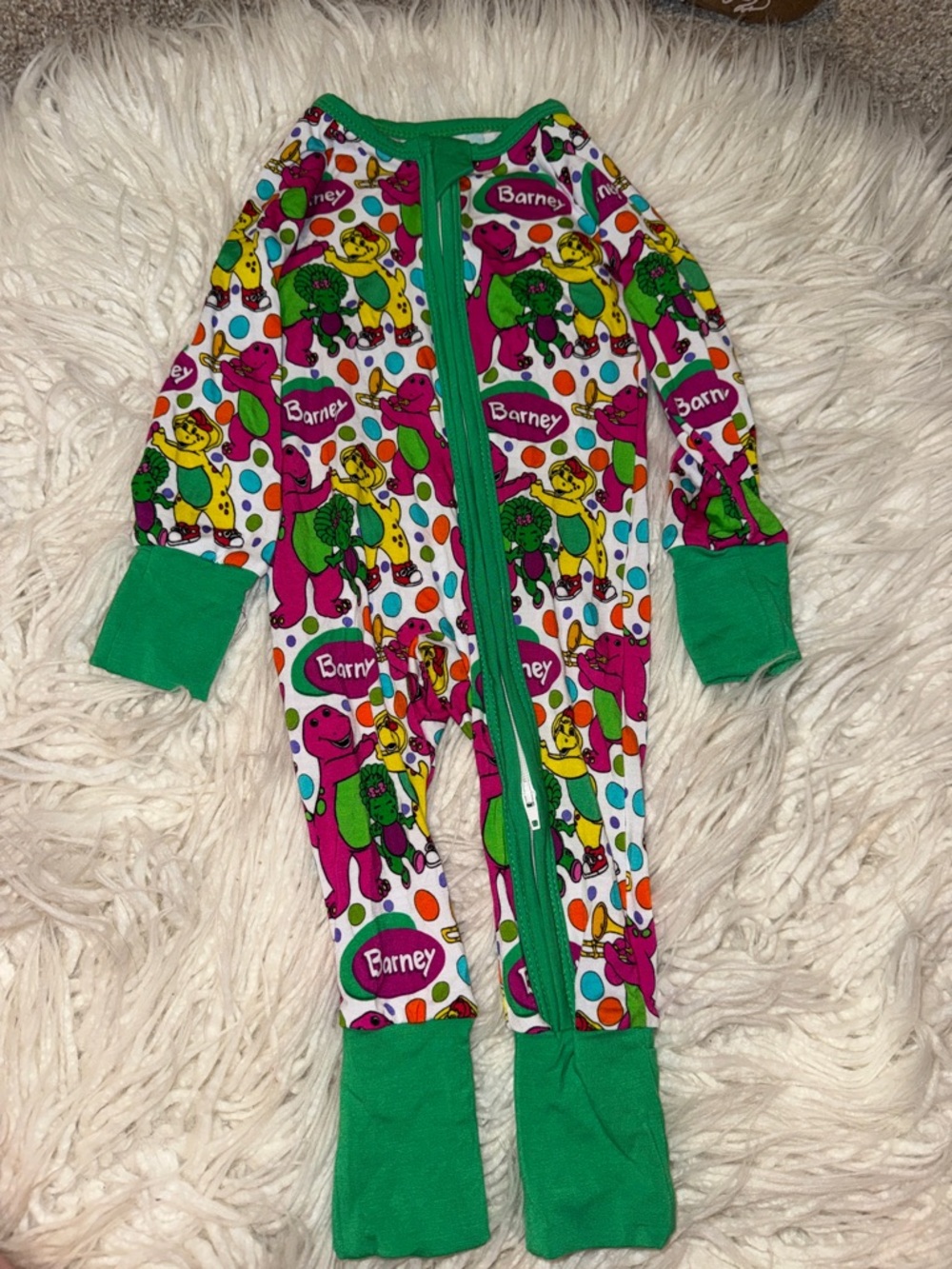 Barney Print Green-Trim Zipper Footie for Kids